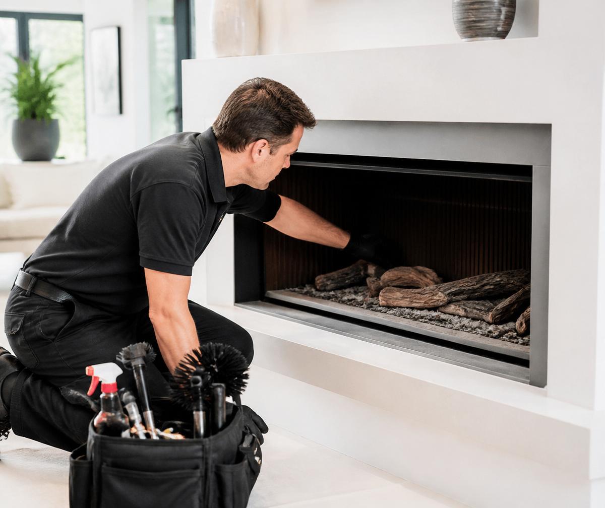 Professional technician servicing a modern fireplace in a bright home