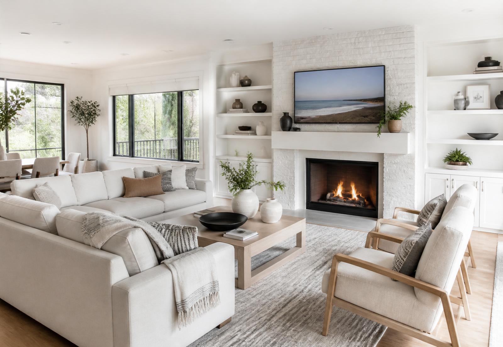 Bright modern living room with a clean, professionally maintained fireplace